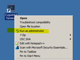 Launch Cygwin as Administrator.
